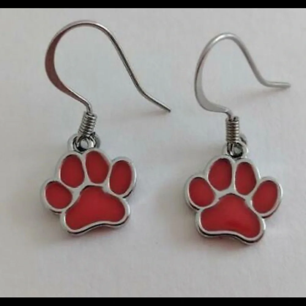 NWT Dog Cat Red Paw Stainless Dangle Pierced Earrings *benefits animal rescue